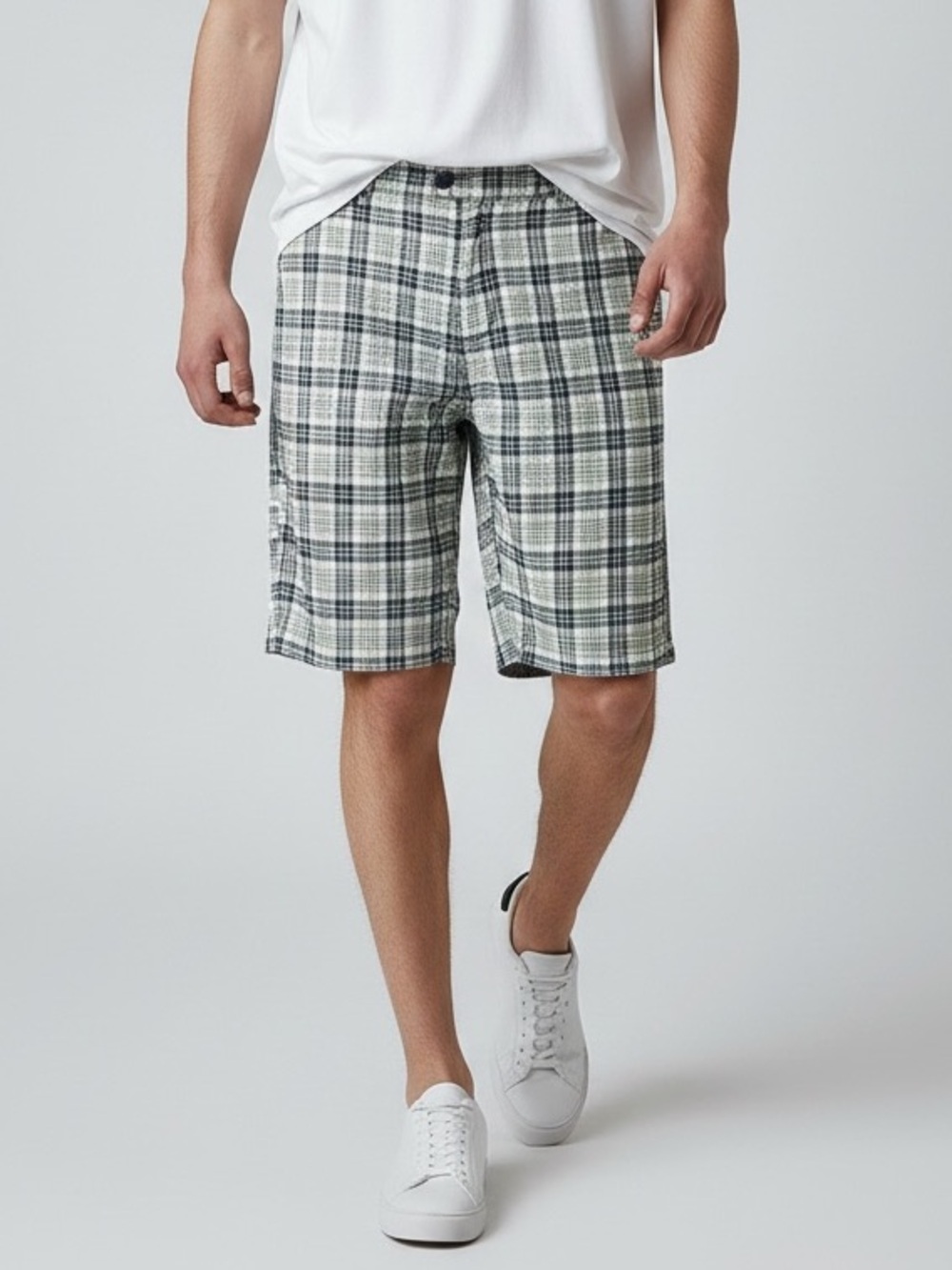Men's Blue Green Plaid Reversible Flat Front Chino Shorts Size 34